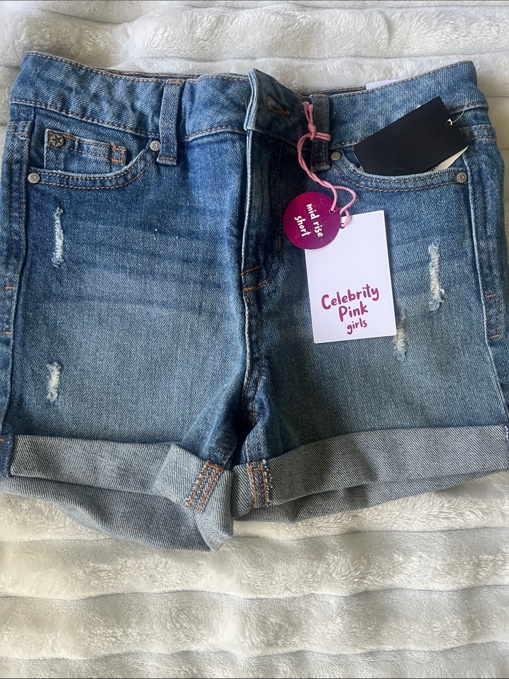 Celebrity Pink Girls Distressed Blue Denim Roll-Cuff Shorts